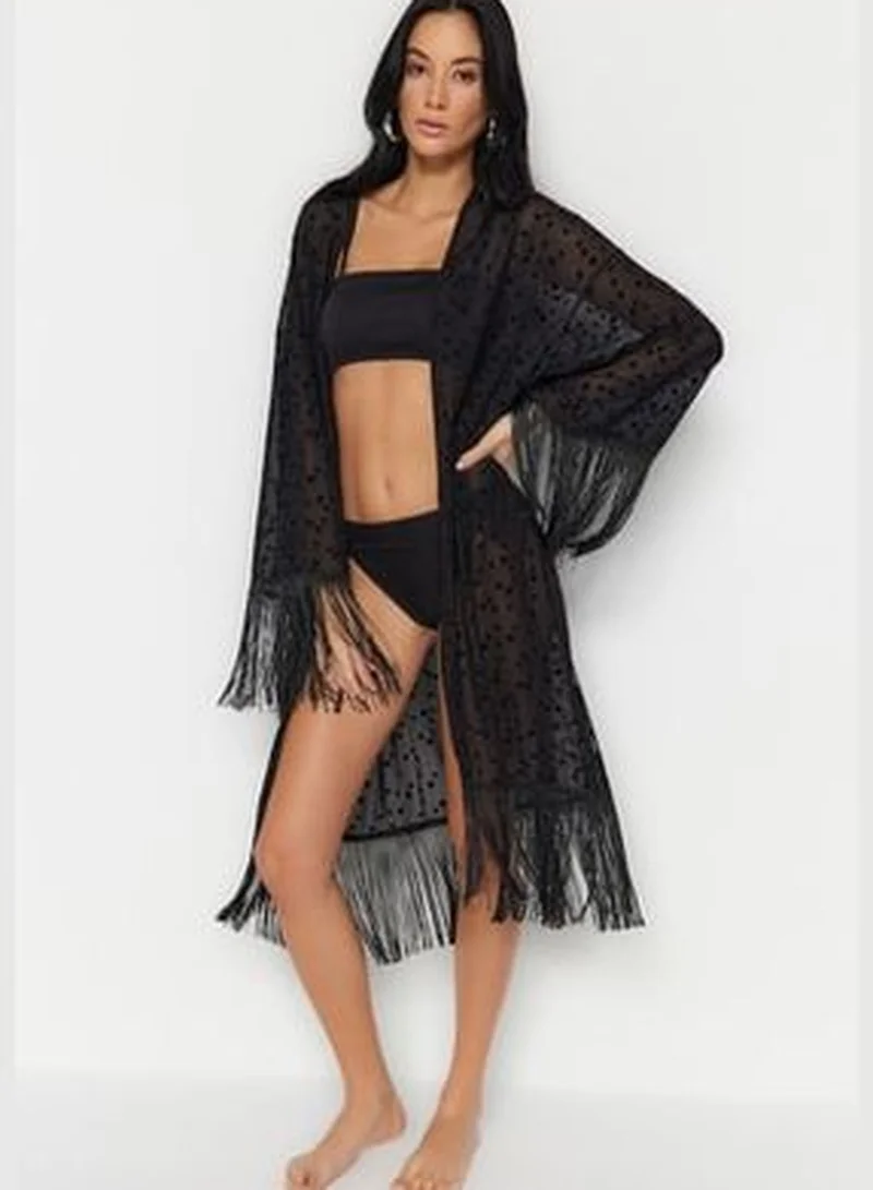 trendyol Black Belted Maxi Knitted Fringe Kimono & Kaftan TBESS23KM00091