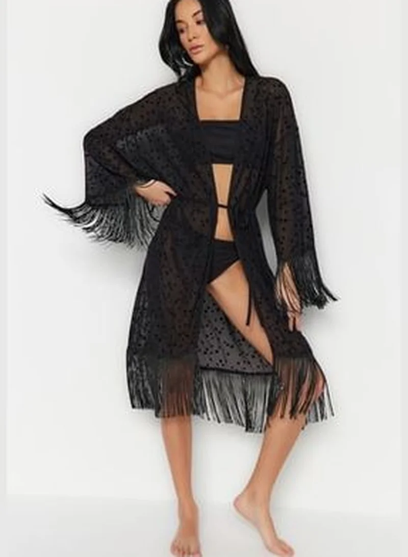trendyol Black Belted Maxi Knitted Fringe Kimono & Kaftan TBESS23KM00091