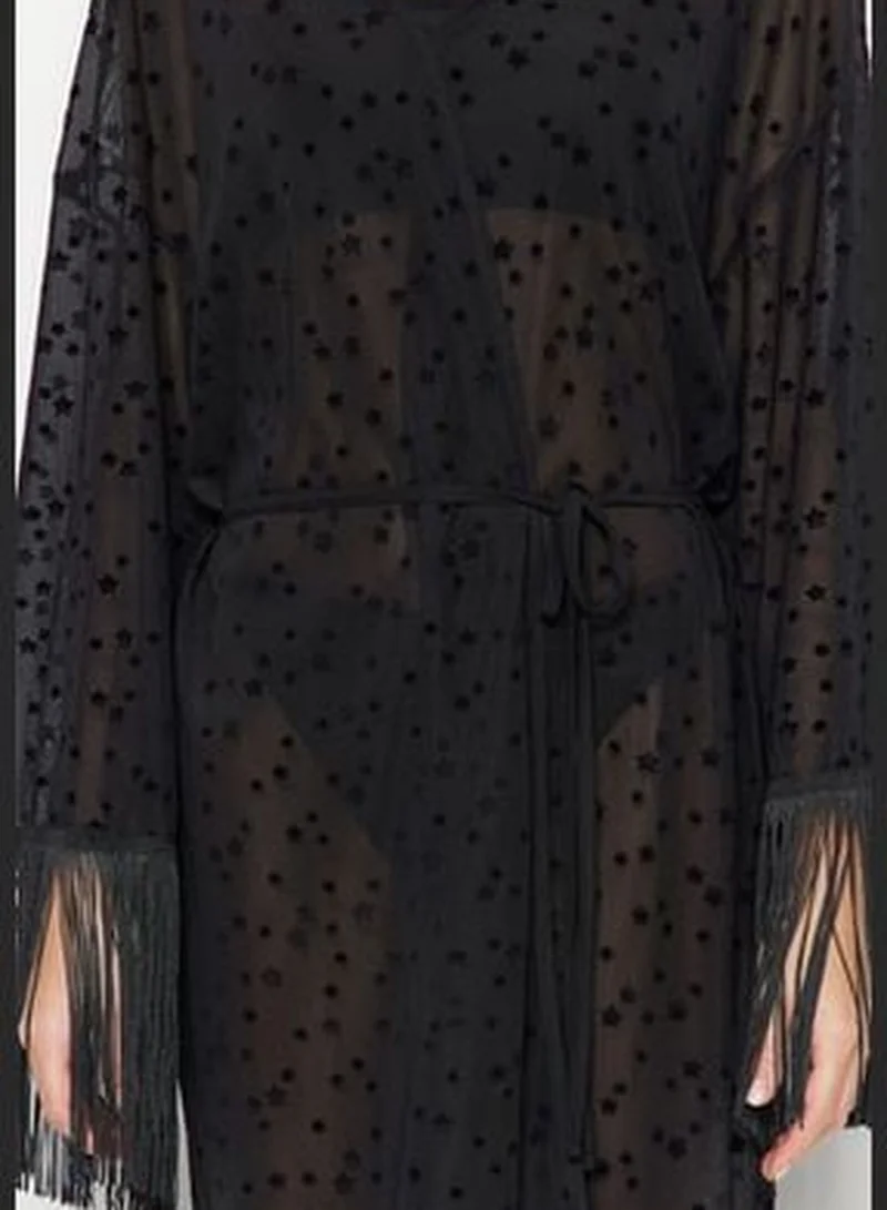 trendyol Black Belted Maxi Knitted Fringe Kimono & Kaftan TBESS23KM00091