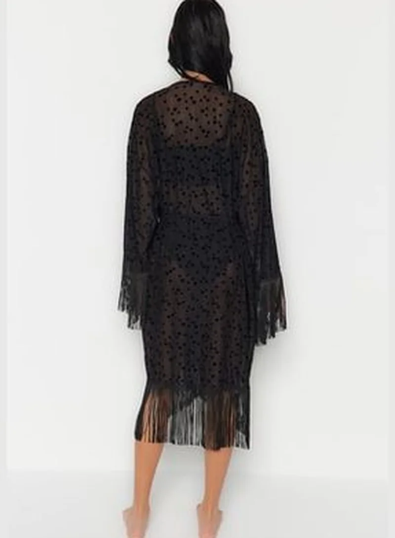 trendyol Black Belted Maxi Knitted Fringe Kimono & Kaftan TBESS23KM00091