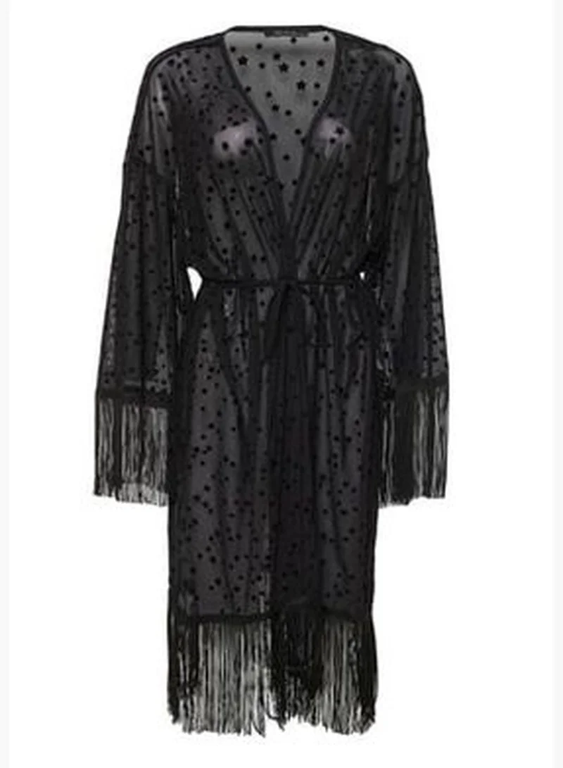 trendyol Black Belted Maxi Knitted Fringe Kimono & Kaftan TBESS23KM00091