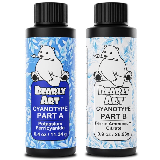 CYANOTYPE KIT SUN SOLAR PRINT SET FOR PHOTOGRAPHIC PRINTING ON PAPER AND FABRIC 2 PART SENSITIZER ARCHIVAL CREATES 32 8X10 PRINTS ON CYANOTYPE PAPER AND 25 ON FABRIC