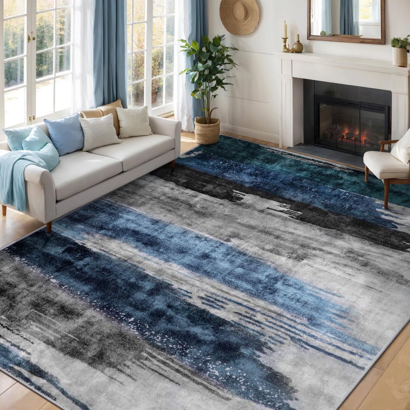 Ciicool Modern Abstract Rug for Living Room, 5'x7' Machine Washable Area Rug Non-Slip Rug, Low-Pile Contemporary Indoor Dining Floor Carpet for Bedroom Office Under Table Home Decor Navy Grey - Image 2
