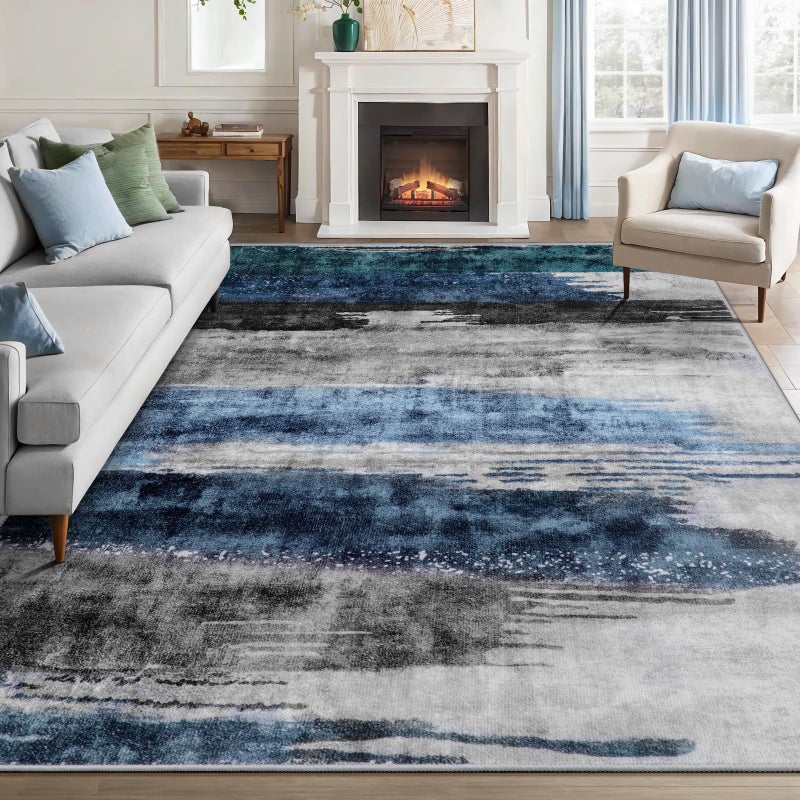 Ciicool Modern Abstract Rug for Living Room, 5'x7' Machine Washable Area Rug Non-Slip Rug, Low-Pile Contemporary Indoor Dining Floor Carpet for Bedroom Office Under Table Home Decor Navy Grey - Image 1