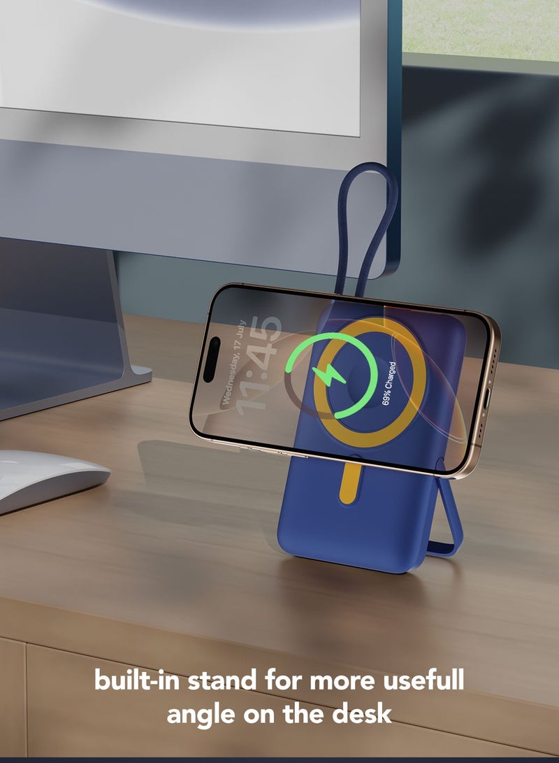 Remson ريمسون ريفو تشارج+ بنك طاقة لاسلكي مغناطيسي 10000 مللي أمبير PD 22.5 واط مع كابل USB-C مدمج ومنفذ USB-C وحامل قابل للطي تصميم نحيف متوافق مع iOS وأندرويد والساعات الذكية - Image 3