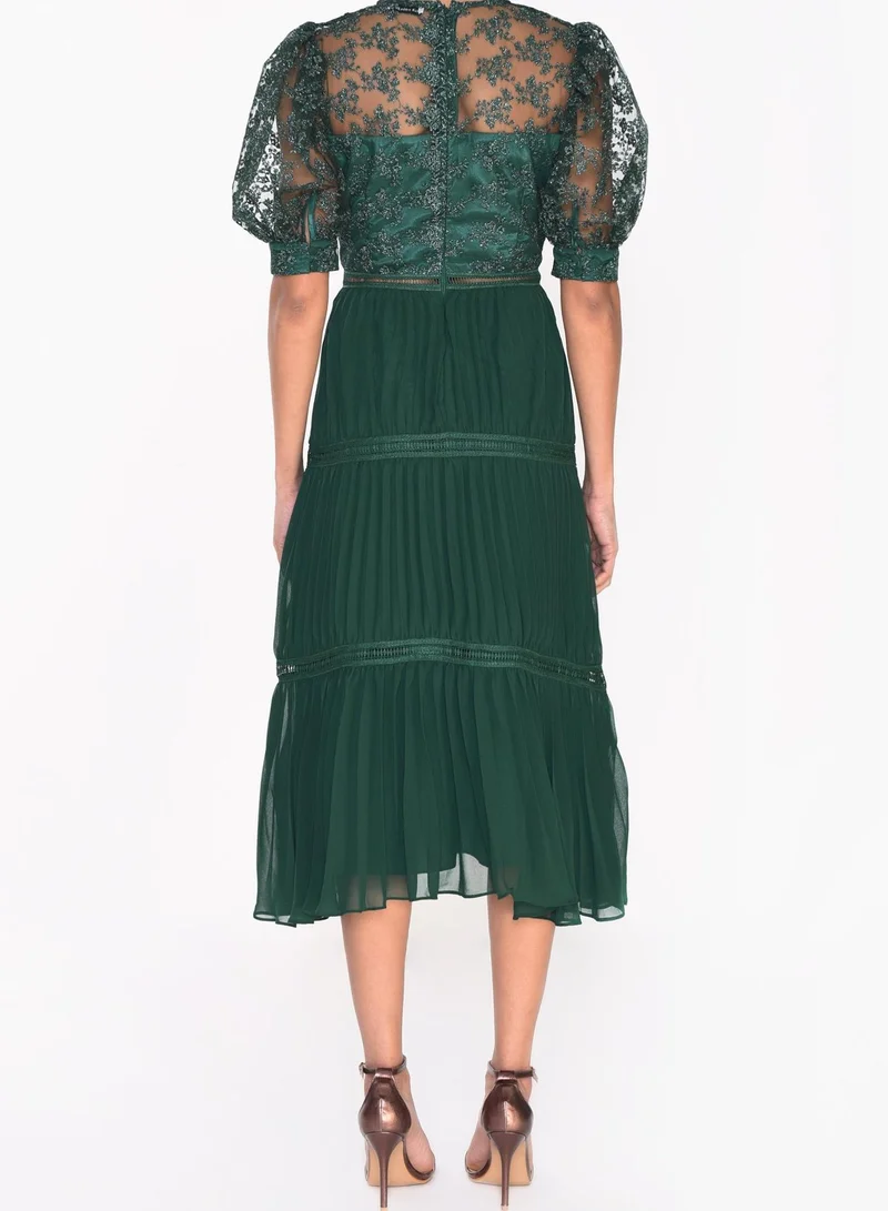 True Decadence Emerald Green Metallic Pleated Midi Skater Dress