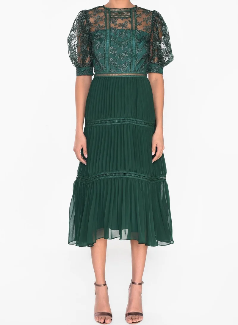 True Decadence Emerald Green Metallic Pleated Midi Skater Dress