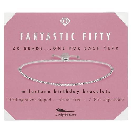 Lucky Feather 50th birthday gifts for her | 50th birthday gifts for women Bracelet | 14K Gold, Rose Gold, or Silver Dipped Beads on Adjustable Cord | Trendy 50 year old gifts for women | With Card - Image 1