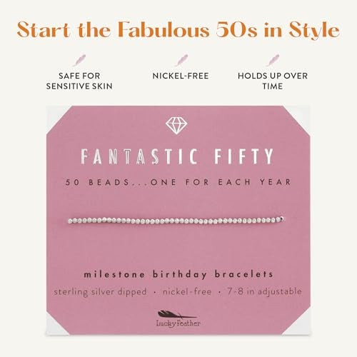 Lucky Feather 50th birthday gifts for her | 50th birthday gifts for women Bracelet | 14K Gold, Rose Gold, or Silver Dipped Beads on Adjustable Cord | Trendy 50 year old gifts for women | With Card - Image 4