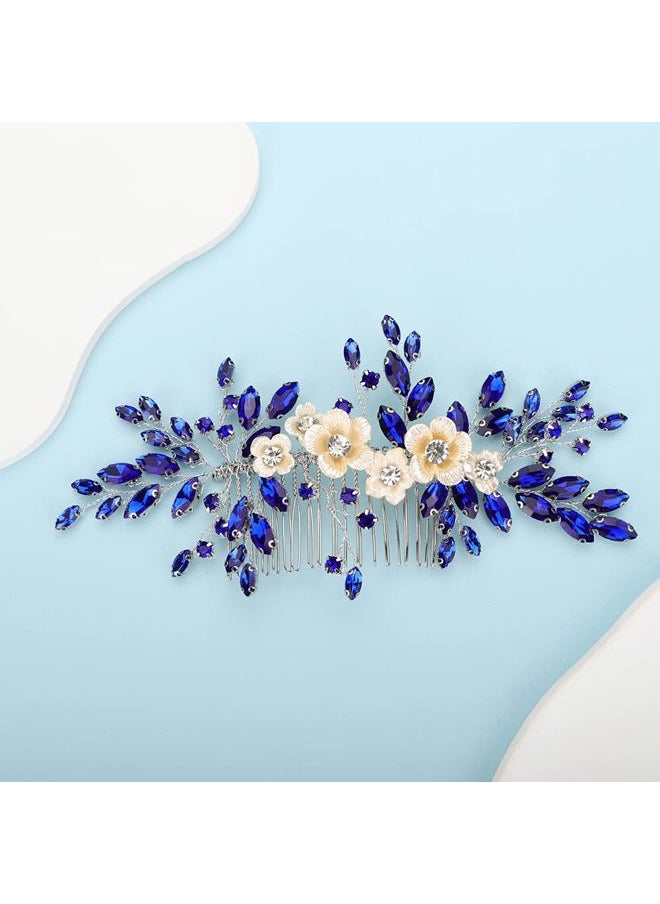 BERYUAN - Bridal White Flower Blue Crystal Rhinestone Hair Comb for Bride Bridesmaid Sliding side Headpieces Wedding Hair Accessories for Women and Girls (Blue) - Image 1