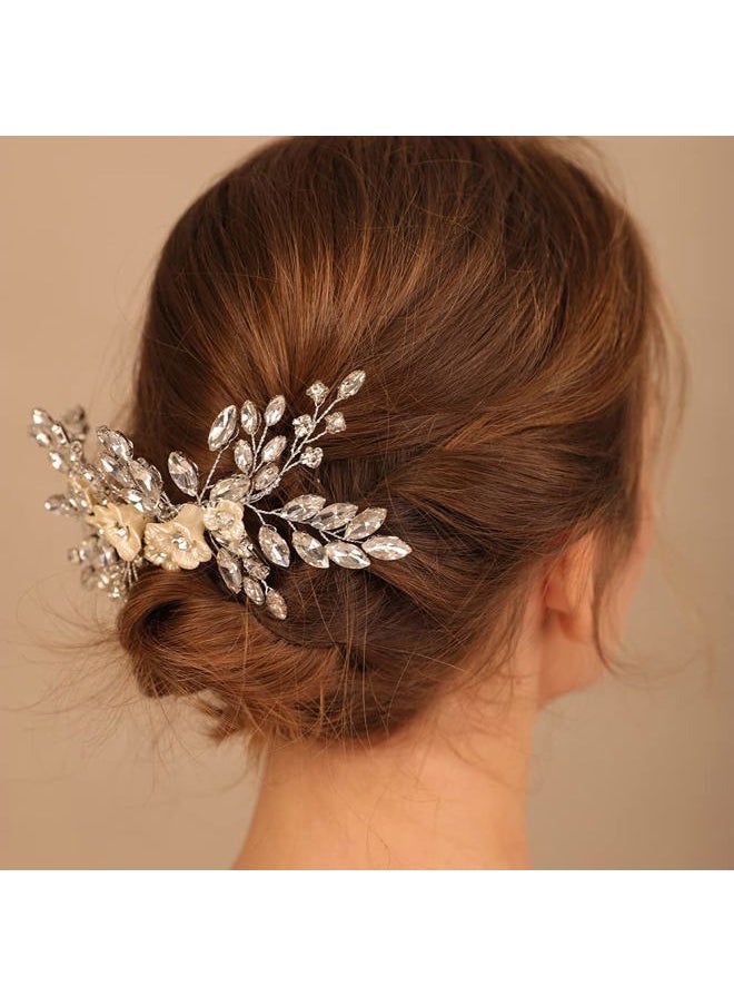 BERYUAN - Bridal White Flower Blue Crystal Rhinestone Hair Comb for Bride Bridesmaid Sliding side Headpieces Wedding Hair Accessories for Women and Girls (Blue) - Image 1