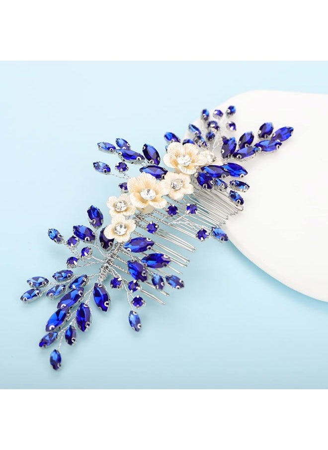 BERYUAN - Bridal White Flower Blue Crystal Rhinestone Hair Comb for Bride Bridesmaid Sliding side Headpieces Wedding Hair Accessories for Women and Girls (Blue) - Image 1