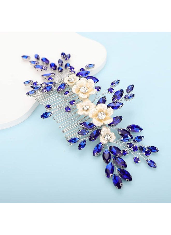 BERYUAN - Bridal White Flower Blue Crystal Rhinestone Hair Comb for Bride Bridesmaid Sliding side Headpieces Wedding Hair Accessories for Women and Girls (Blue) - Image 1