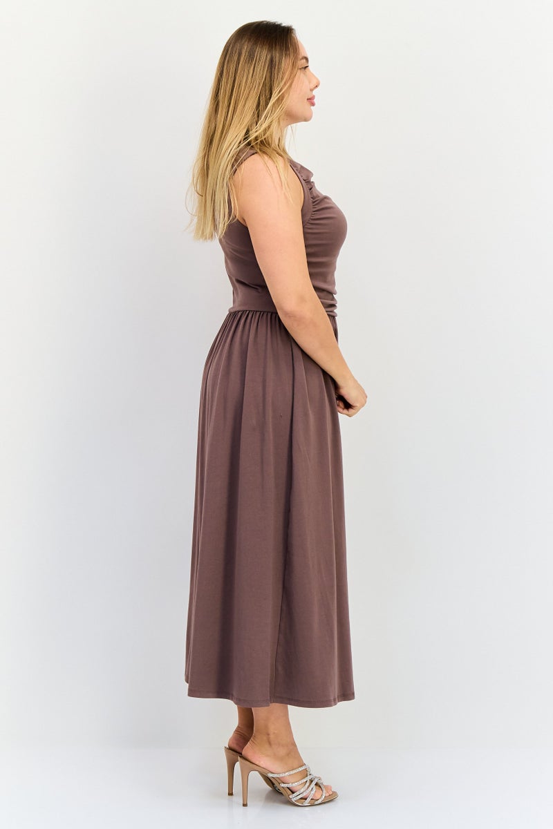 bebe Women Solid Midi Dress, Chocolate Brown  - Image 3