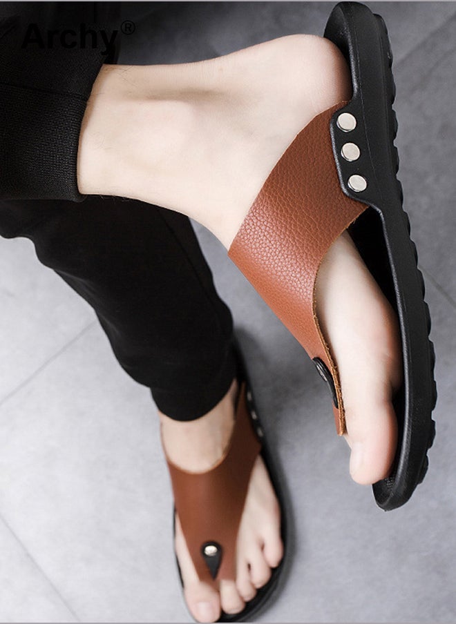 أرشي شبشب رجالي صيفي للشاطئ، شبشب مريح، صندل ثونغ، شبشب رجالي مفتوح من الأمام من الجلد الصناعي، عصري، بسيط، قابل للتنفس، مانع للانزلاق، شبشب صيفي غير رسمي للشاطئ في الهواء الطلق - Image 2