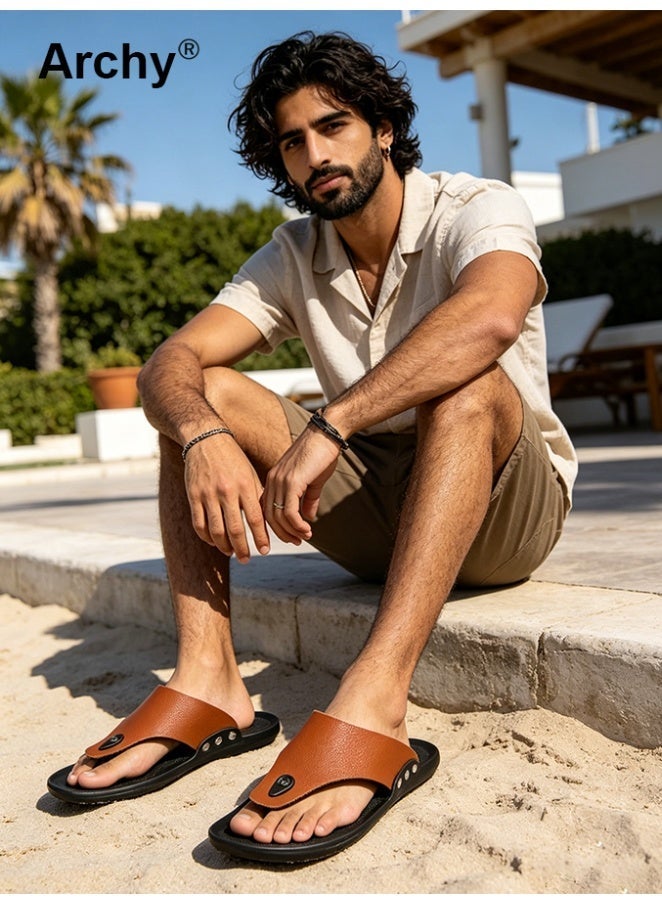 أرشي شبشب رجالي صيفي للشاطئ، شبشب مريح، صندل ثونغ، شبشب رجالي مفتوح من الأمام من الجلد الصناعي، عصري، بسيط، قابل للتنفس، مانع للانزلاق، شبشب صيفي غير رسمي للشاطئ في الهواء الطلق - Image 2