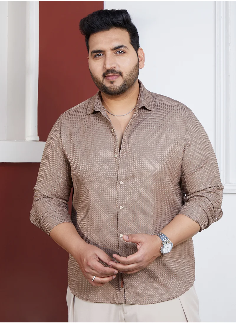 انستافاب بلس Instafab Plus Men's Sand Beige Shard-Tactile Shirt For Casual Wear | Spread Collar | Long Cuffed Sleeves | Button Closure | Plus Size Shirt Crafted With Comfort Fit For Everyday Wear