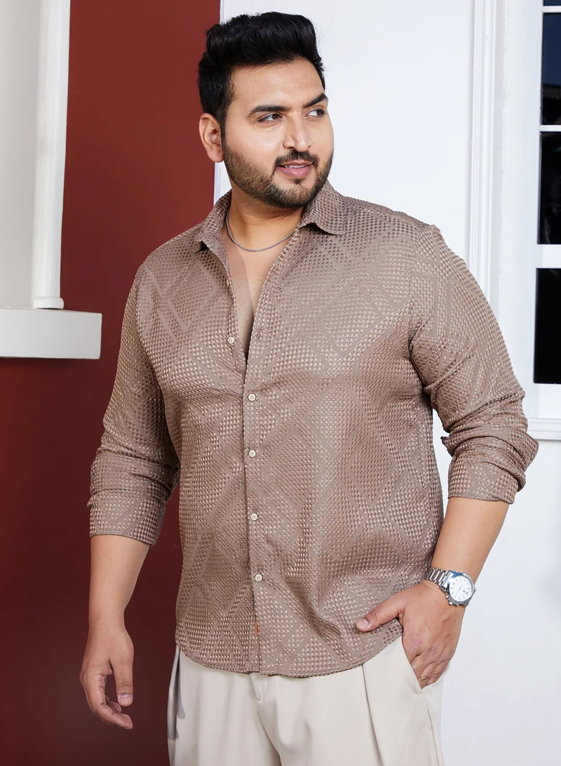 Instafab Plus Instafab Plus Men's Sand Beige Shard-Tactile Shirt For Casual Wear | Spread Collar | Long Cuffed Sleeves | Button Closure | Plus Size Shirt Crafted With Comfort Fit For Everyday Wear