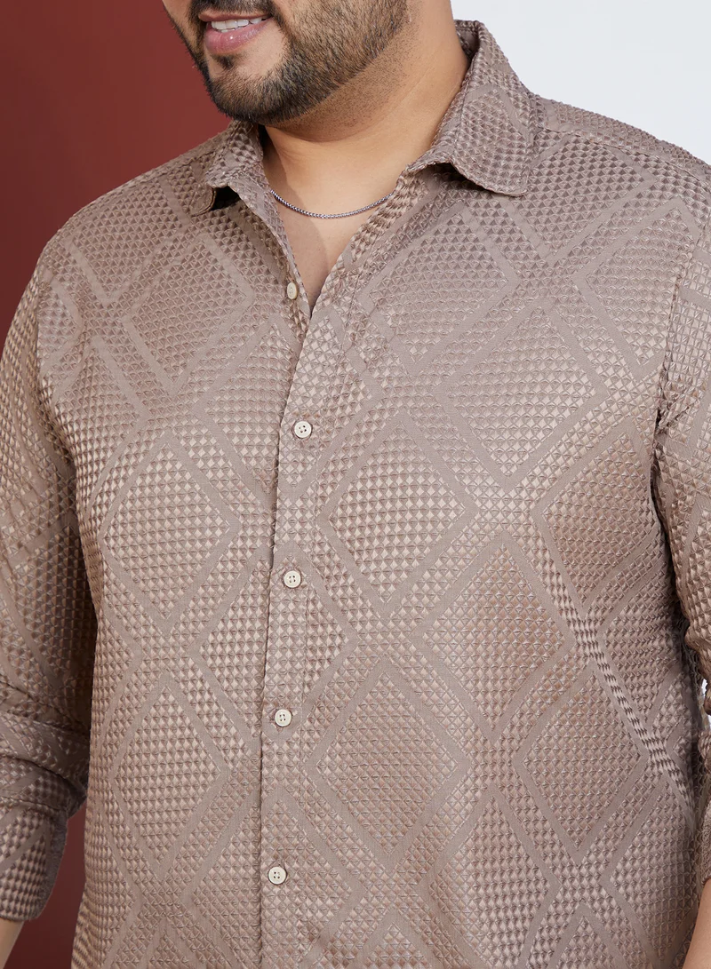 Instafab Plus Instafab Plus Men's Sand Beige Shard-Tactile Shirt For Casual Wear | Spread Collar | Long Cuffed Sleeves | Button Closure | Plus Size Shirt Crafted With Comfort Fit For Everyday Wear