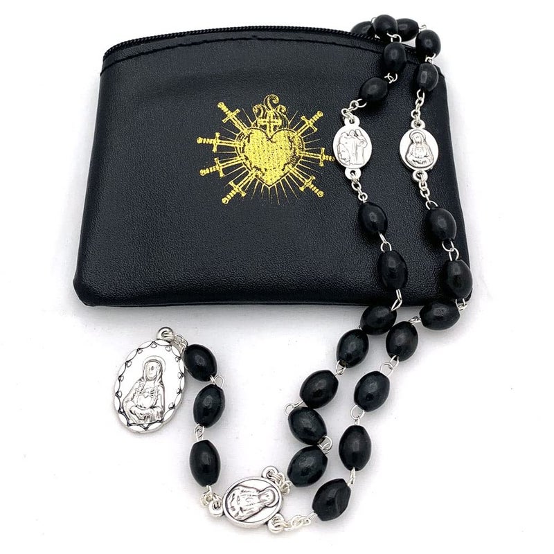 RosaryMart Seven Sorrows of Mary Rosary Chaplet Larger Black Wooden Beads Alpaca Links and Matching Rosary Pouch Servite Rosary