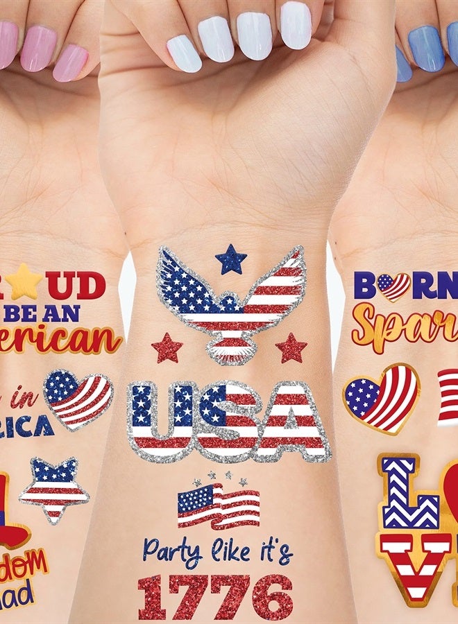 Bestus Fourth of July Party Supplies Temporary Tattoos 80pcs Patriotic Glitter and Mettalic Styles USA Independence Day Red Blue America, July 4th Party Favors, USA Flag Decor for Kids Adults - Image 1