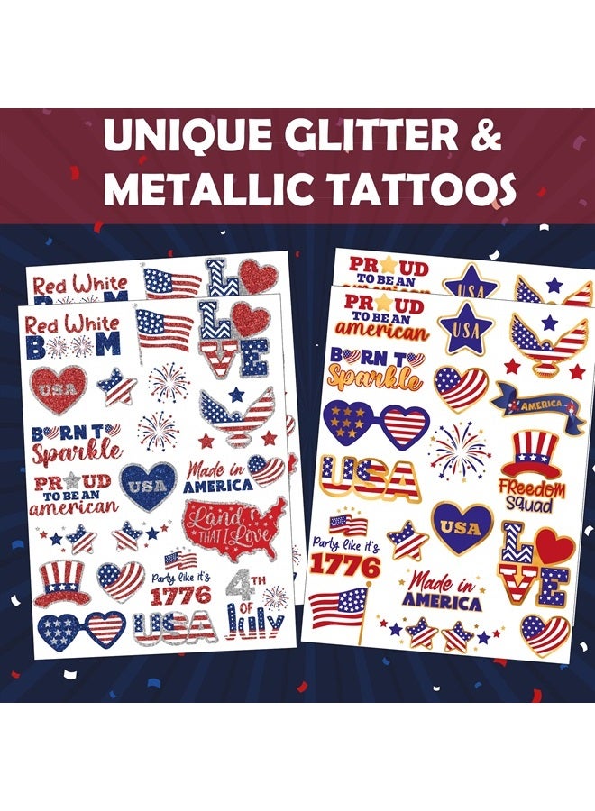 Bestus Fourth of July Party Supplies Temporary Tattoos 80pcs Patriotic Glitter and Mettalic Styles USA Independence Day Red Blue America, July 4th Party Favors, USA Flag Decor for Kids Adults - Image 2