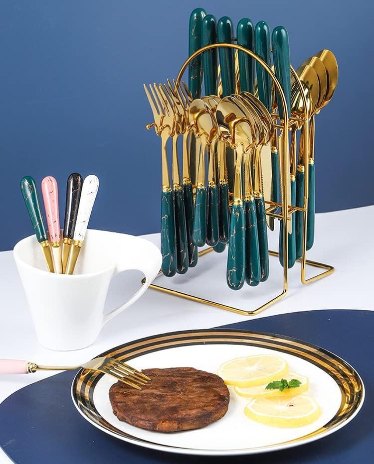 Artek Stainless Steel Spoons, Forks & Knives Set of 24 with Stand and Ceramic Handle Golden Cutlery Set (Green) - Image 2