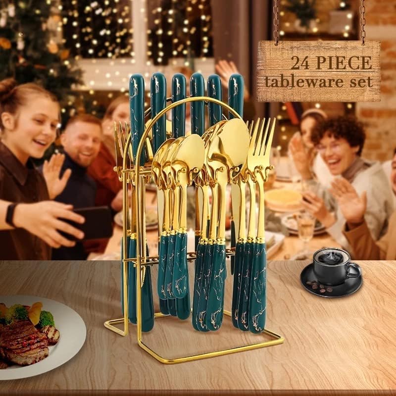 Artek Stainless Steel Spoons, Forks & Knives Set of 24 with Stand and Ceramic Handle Golden Cutlery Set (Green) - Image 4