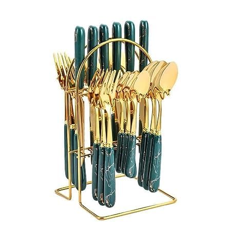 Artek Stainless Steel Spoons, Forks & Knives Set of 24 with Stand and Ceramic Handle Golden Cutlery Set (Green) - Image 1