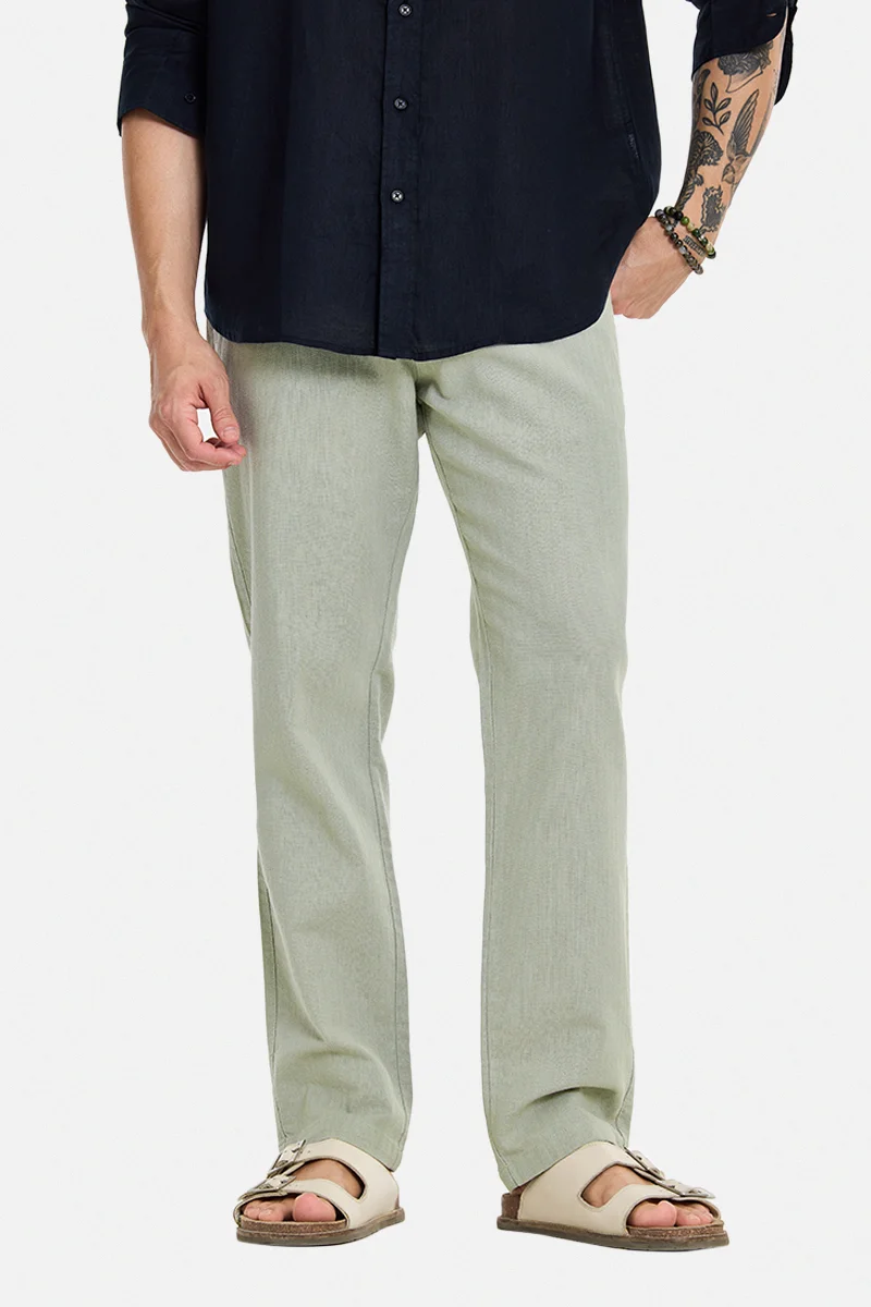 سنيتش Sage Green Textured Relaxed Casual Trousers