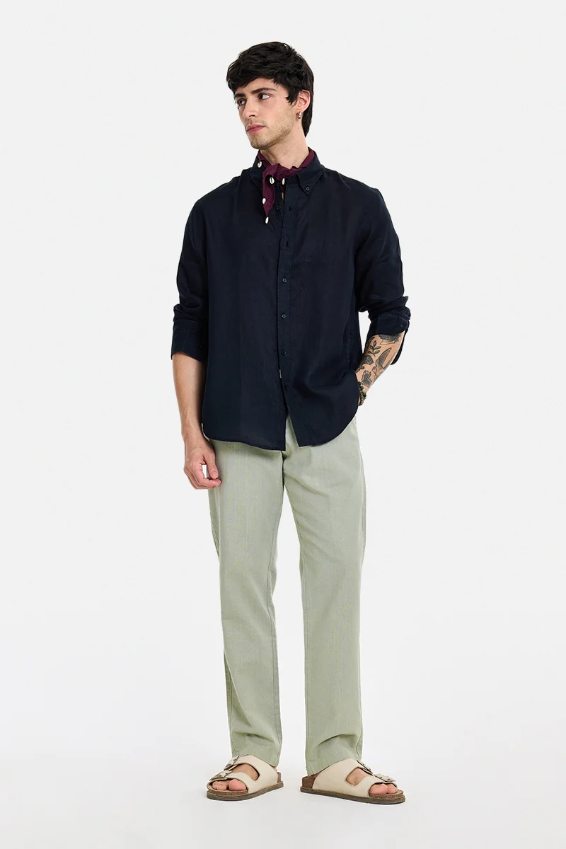 سنيتش Sage Green Textured Relaxed Casual Trousers