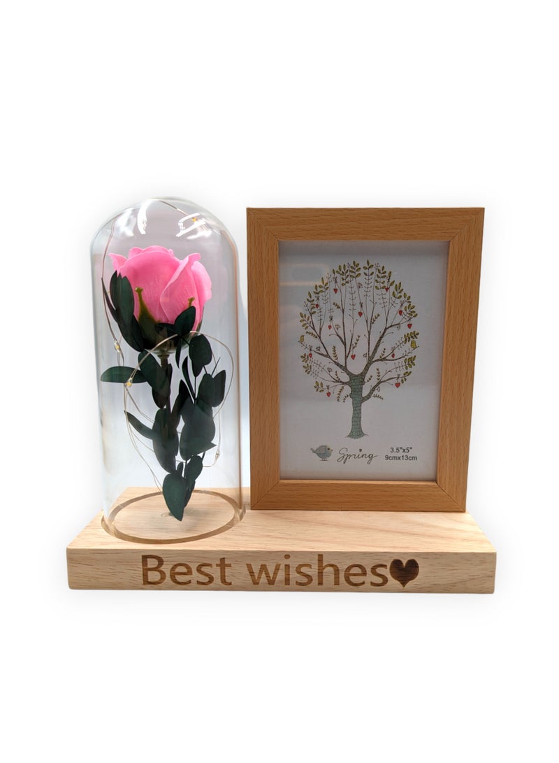 UNT 9cmx13cm Photo Frame With Rose and LED lights in Glass Dome  - Image 1