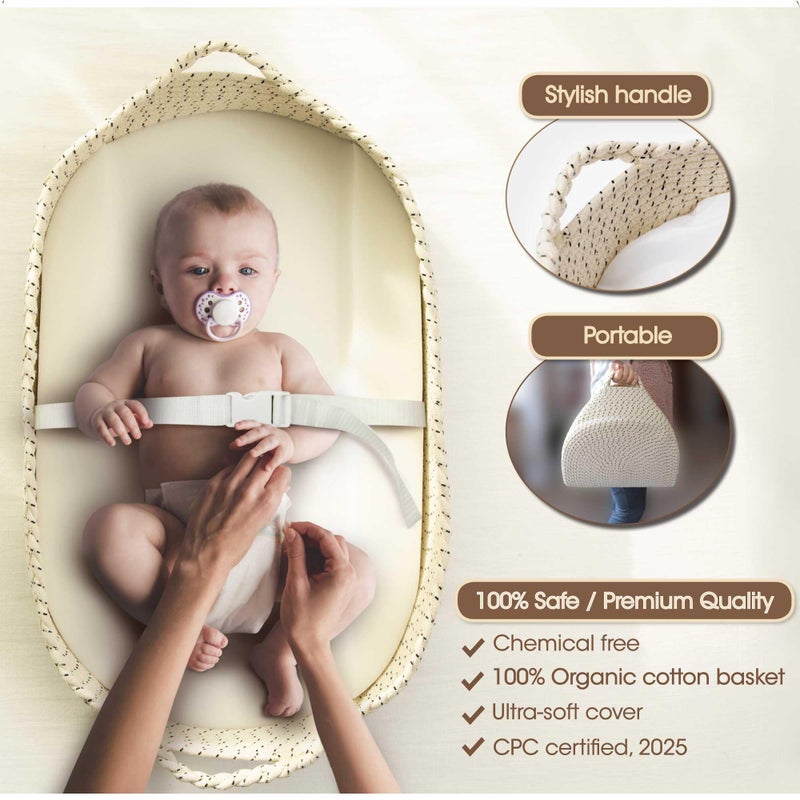 JJOO Baby Changing Basket - Soft & Waterproof Dual-Cover, Portable, Moses Basket, Changing Pad for Dresser & Changing Table, Gift for Baby Shower, Organic Cotton Rope - Image 2