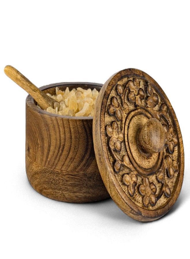 Mie Creations Rustic Salt Box Cellar with Hand Carved Lid & Spoon, Wooden Salt Pinch Bowls | Wood Salt Pepper Keeper, Spice Bowls for Cooking, Sugar Holder for Kitchen, Christmas Thanksgiving Decor - Image 1