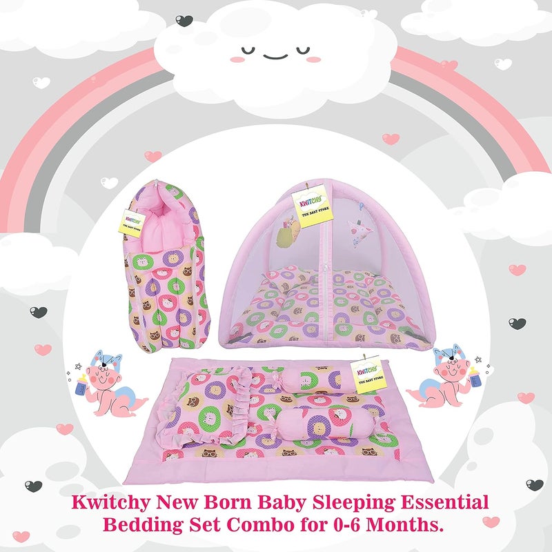 Kwitchy New Born Baby Bedding Combo of Mattress with Net Sleeping Bag 4 Pcs Gadda Set 06 Months Pink 3PCS Set - Image 2