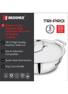 BERGNER Bergner Tripro Triply 3 Pc Cookware Set, 22 cm Deep Kadai, 20 cm Fry Pan, 1X Stainless Steel Lid, Stay Cool Handles, Induction & Gas Ready, Multi-Layer Polish Surface  - Image 3