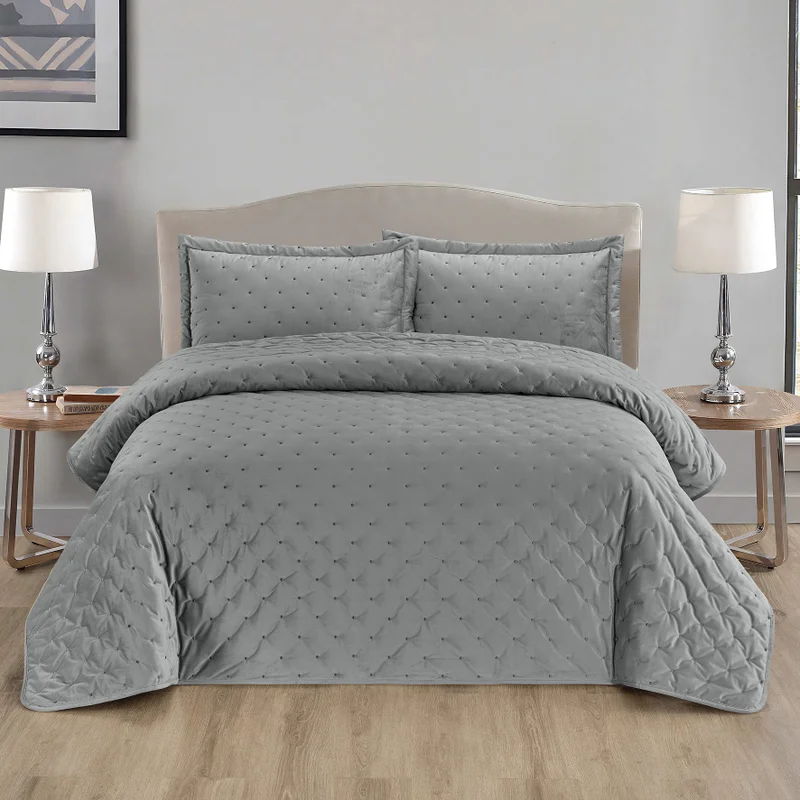 DWELL Dwell-Polka Bedspread - 3 Pc Set-Bedspread 260 x 240 CM Pillow case 50 x 80 CM-Grey