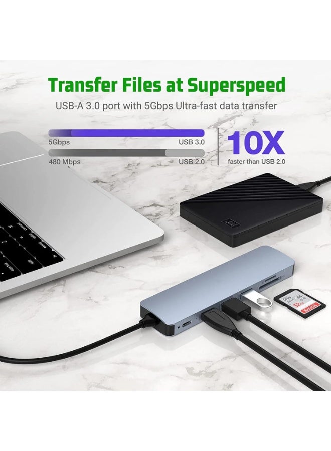 أوريون ماكس محول USB-C متعدد الوظائف 7 في 1 مع منفذ HDMI بدقة 4K بتردد 30 هرتز، وتوصيل طاقة بقدرة 100 واط، و3 منافذ USB 3.0، وقارئ بطاقات SD/TF - متوافق مع أجهزة MacBook Pro/Air وأجهزة الكمبيوتر المحمولة المزودة بمنفذ USB-C - Image 3