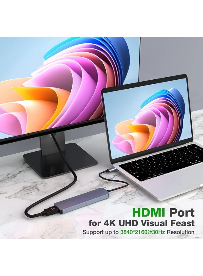 أوريون ماكس محول USB-C متعدد الوظائف 7 في 1 مع منفذ HDMI بدقة 4K بتردد 30 هرتز، وتوصيل طاقة بقدرة 100 واط، و3 منافذ USB 3.0، وقارئ بطاقات SD/TF - متوافق مع أجهزة MacBook Pro/Air وأجهزة الكمبيوتر المحمولة المزودة بمنفذ USB-C - Image 4