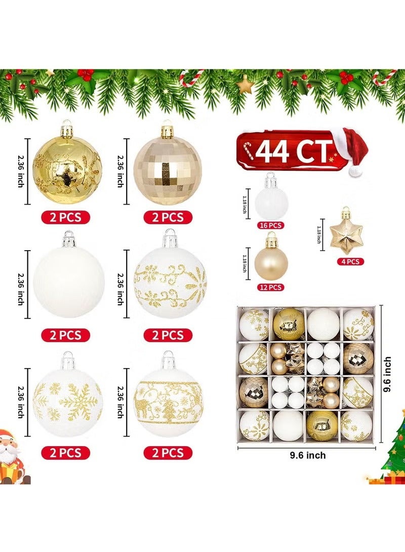 44 Pcs Christmas Ball Set Christmas Tree Decorations, Christmas DIY Hanging Ball Decorations, Christmas Tree Pendants, Suitable for Christmas Parties and New Year Decorations (Gold White) - Image 2