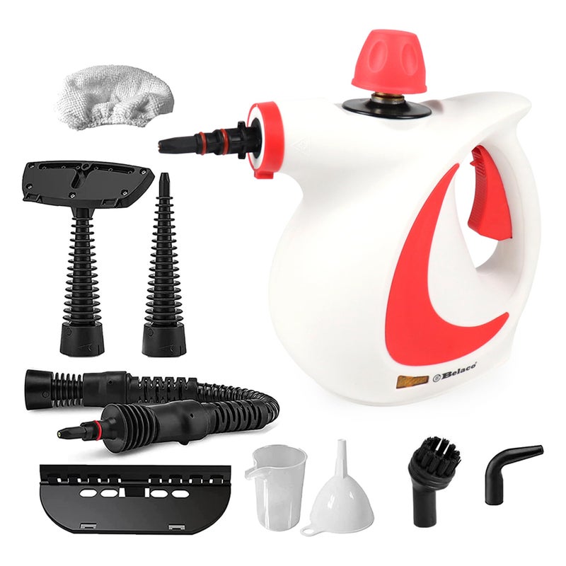 Belaco Multipurpose Steam Cleaner 1050W 9 Pieces Accessory kit for Multi Purpose Red color portable steamer for stain removing tiles kitchen bathroom garment car seats  more British Plug
