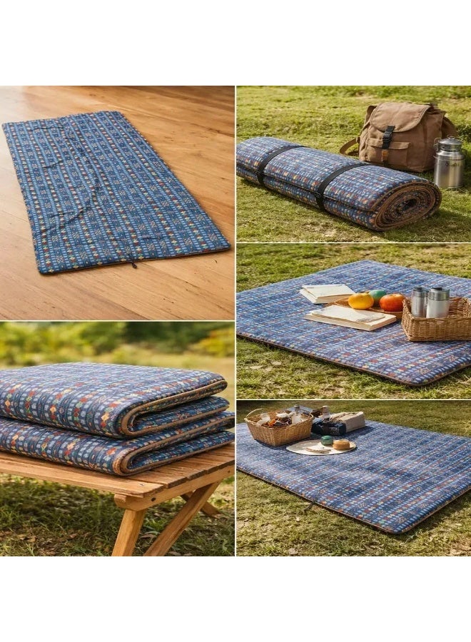 ALGHAFA Padded Camping Mat 0.94×1.90m – Foldable Outdoor Picnic Mattress – Cotton Filled Polyester Ground Mat – Blue Patterned Camping Carpet - Image 1