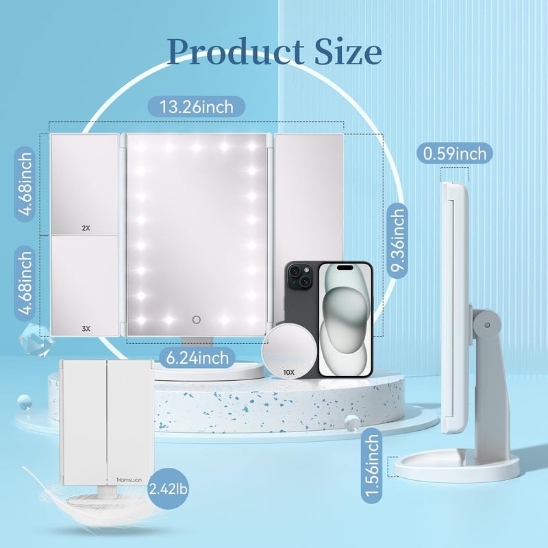 HAMSWAN Lighted Vanity Makeup Mirror Beauty Mirror with Touch Screen 21 LED Lights Dual Power Supply 180 Degree Rotation 1 X 2X 3X Magnifying Foldable Countertop Cosmetic Mirror - Image 2