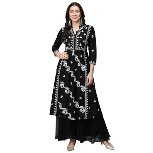 RATAN Women's Rayon Anarkali Regular Fit Lucknowi Chikankari Ethnic Wear Kurta(Ryd-Blk-Xl_Black) - Image 1