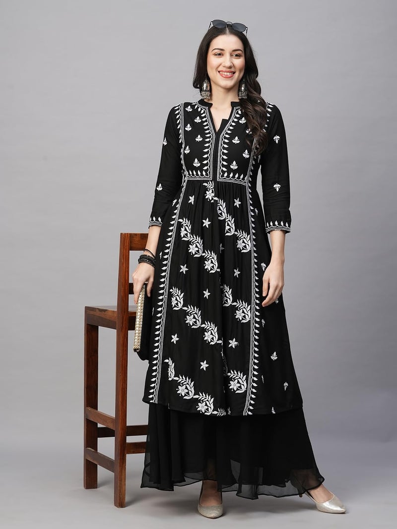 RATAN Women's Rayon Anarkali Regular Fit Lucknowi Chikankari Ethnic Wear Kurta(Ryd-Blk-Xl_Black) - Image 2