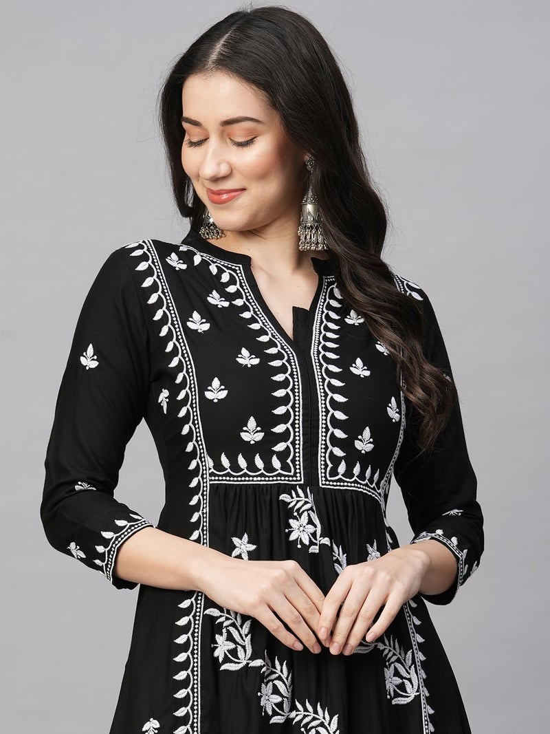 RATAN Women's Rayon Anarkali Regular Fit Lucknowi Chikankari Ethnic Wear Kurta(Ryd-Blk-Xl_Black) - Image 4