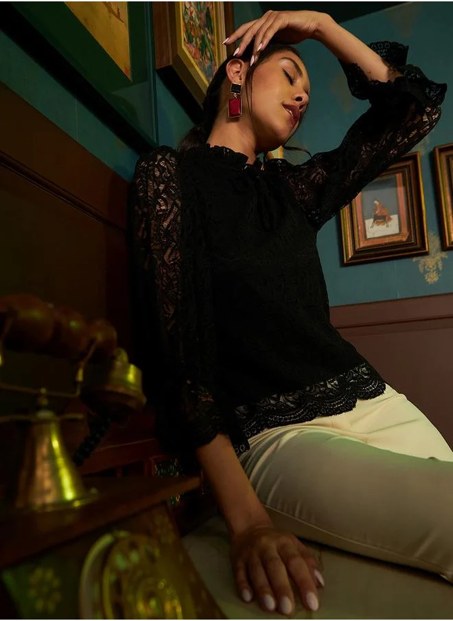 أثينا Lace Insert Tie-Up Neck Top by Styli