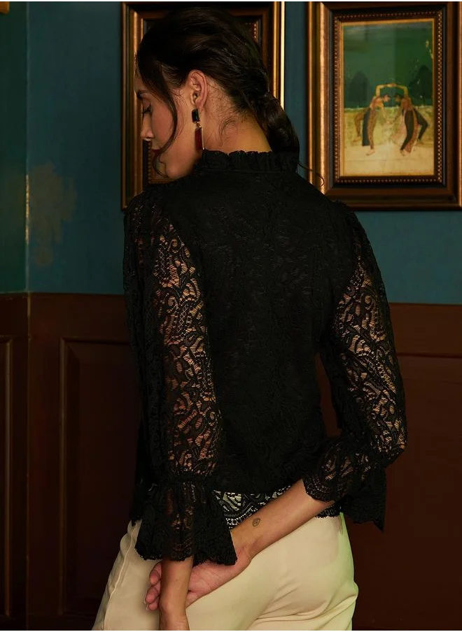 أثينا Lace Insert Tie-Up Neck Top by Styli