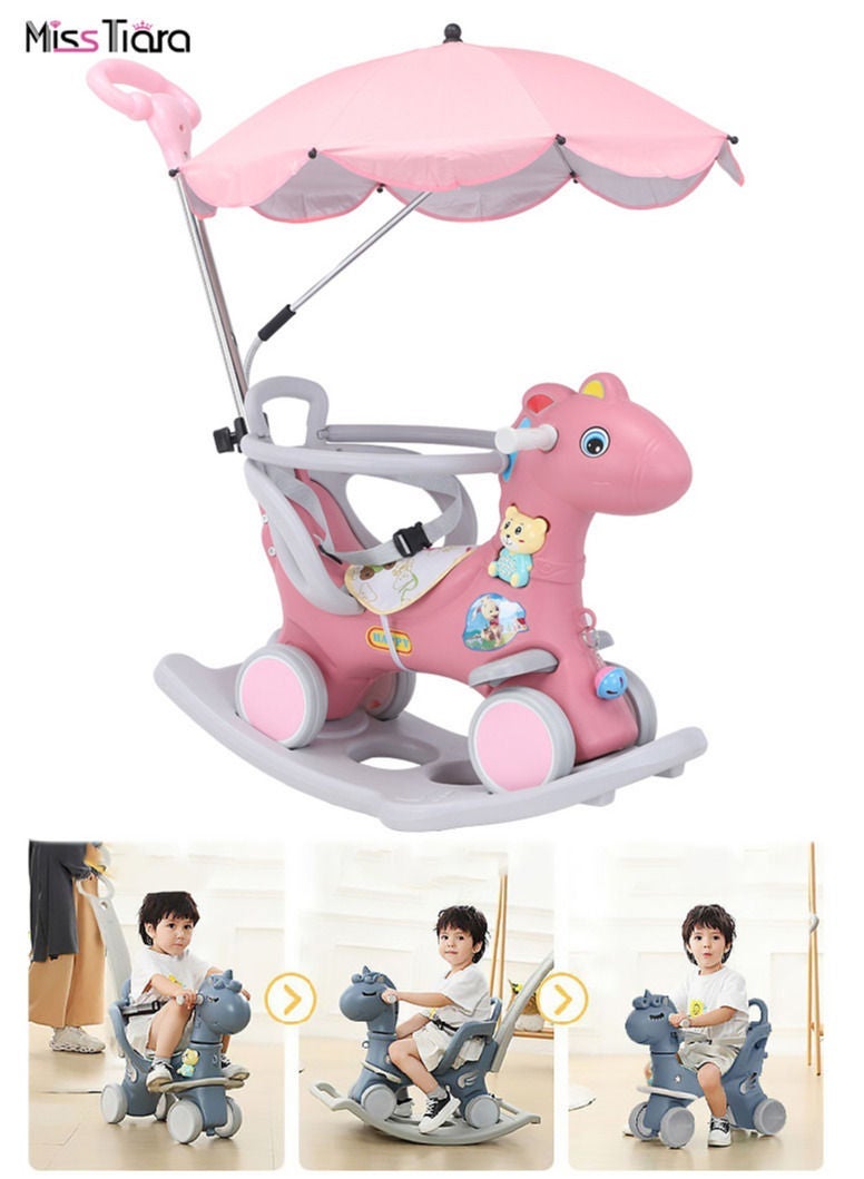 MissTiara حصان هزاز 3 في 1 طفل هزاز ركوب الخيل على اللعب للأطفال الصغار 1-6 سنوات التوازن ألعاب الدراجة لدراجة التوازن مع 4 عجلات الصمت مع مظلة الشمس - Image 2