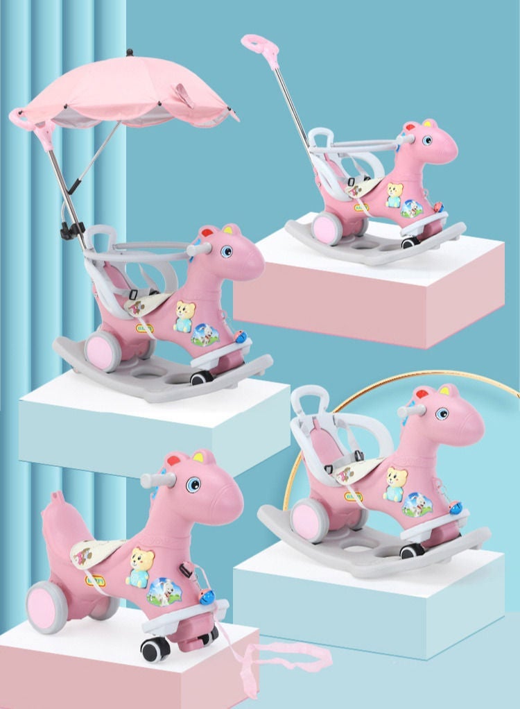 MissTiara حصان هزاز 3 في 1 طفل هزاز ركوب الخيل على اللعب للأطفال الصغار 1-6 سنوات التوازن ألعاب الدراجة لدراجة التوازن مع 4 عجلات الصمت مع مظلة الشمس - Image 5